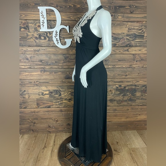 INC International Concepts | Black Maxi Dress Lace Embroidered Split Deep V-Neck - Picture 3 of 6